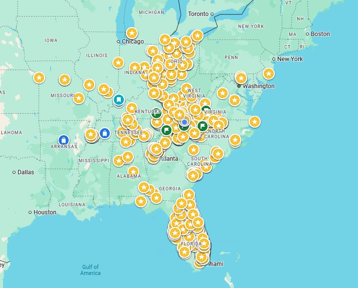 Map of the eastern United States with stars marking the job sites where David Hinchcliff has worked, concentrated in Ohio, Kentucky, Virginia, the Carolinas, Tennessee and Florida